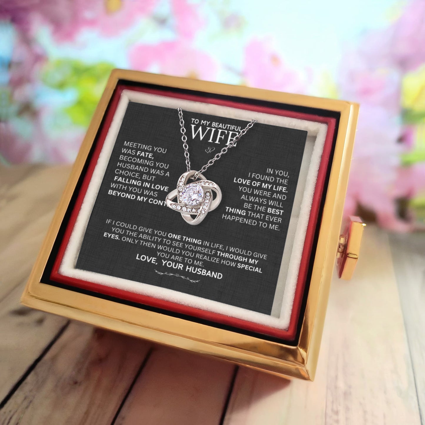 Gift for Wife "I Can't Live Without You" Necklace With Heart Box and Red Rose Surprise