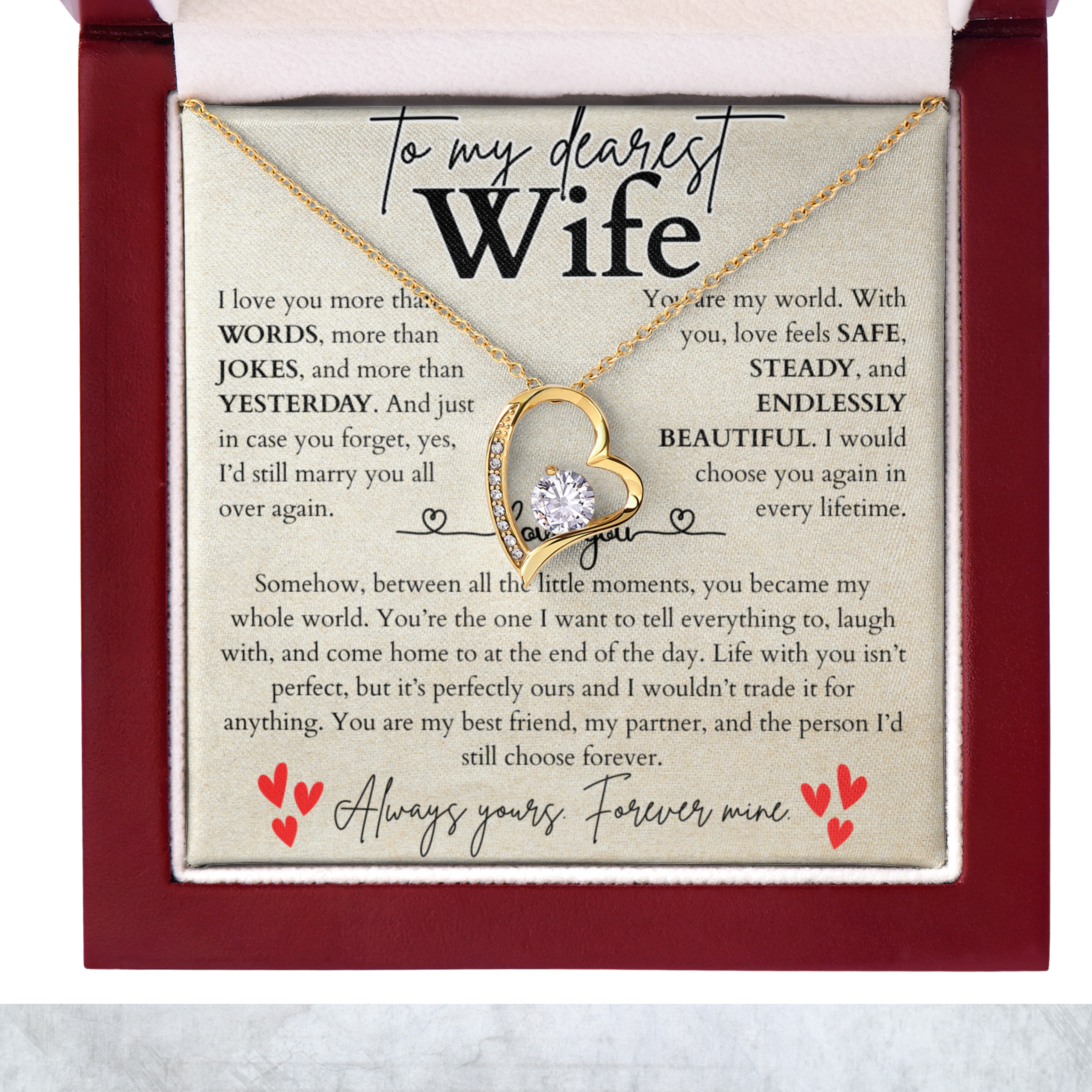To my wife necklace from husband — heart pendant with CZ & message card, white or yellow gold