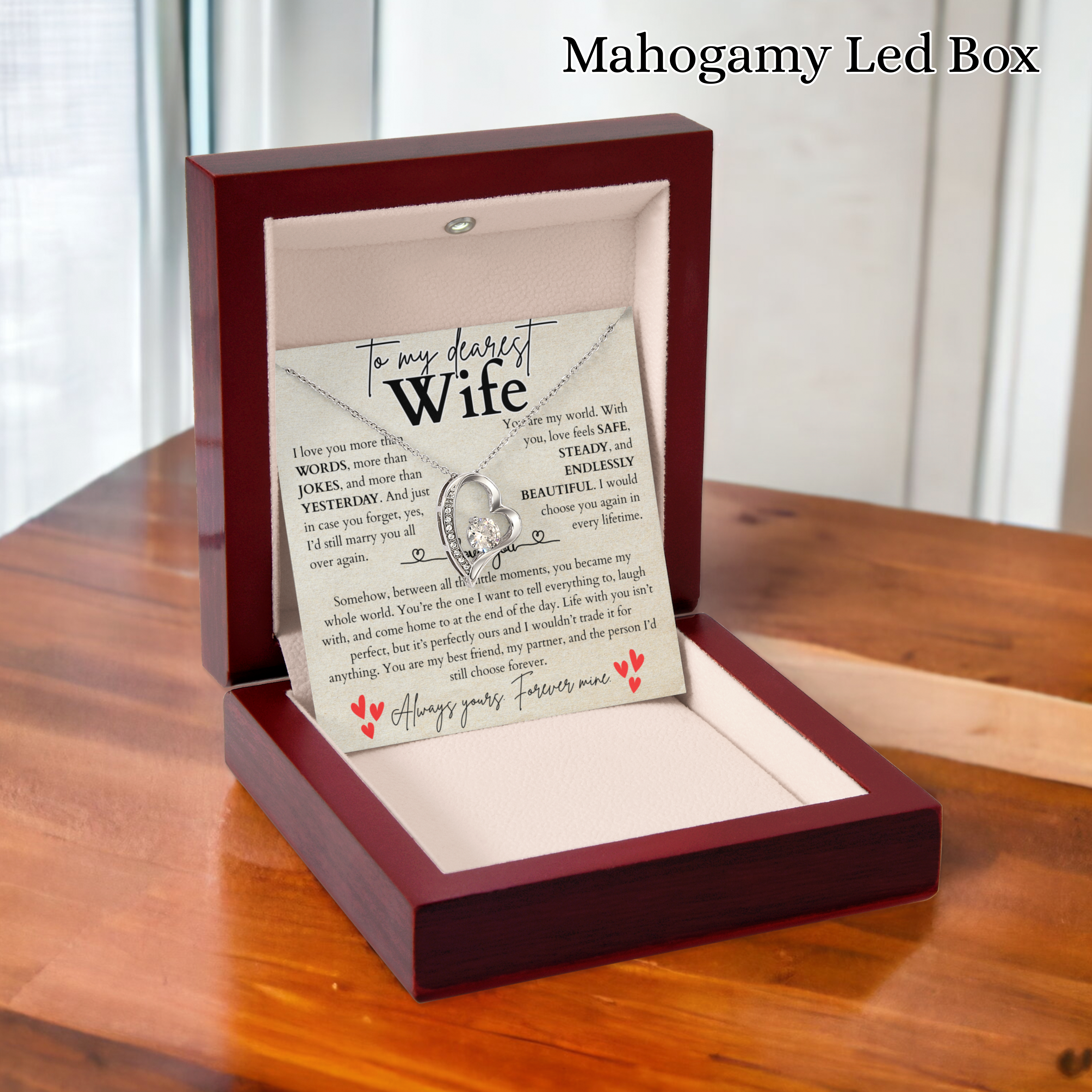 To my wife necklace from husband — heart pendant with CZ & message card, white or yellow gold