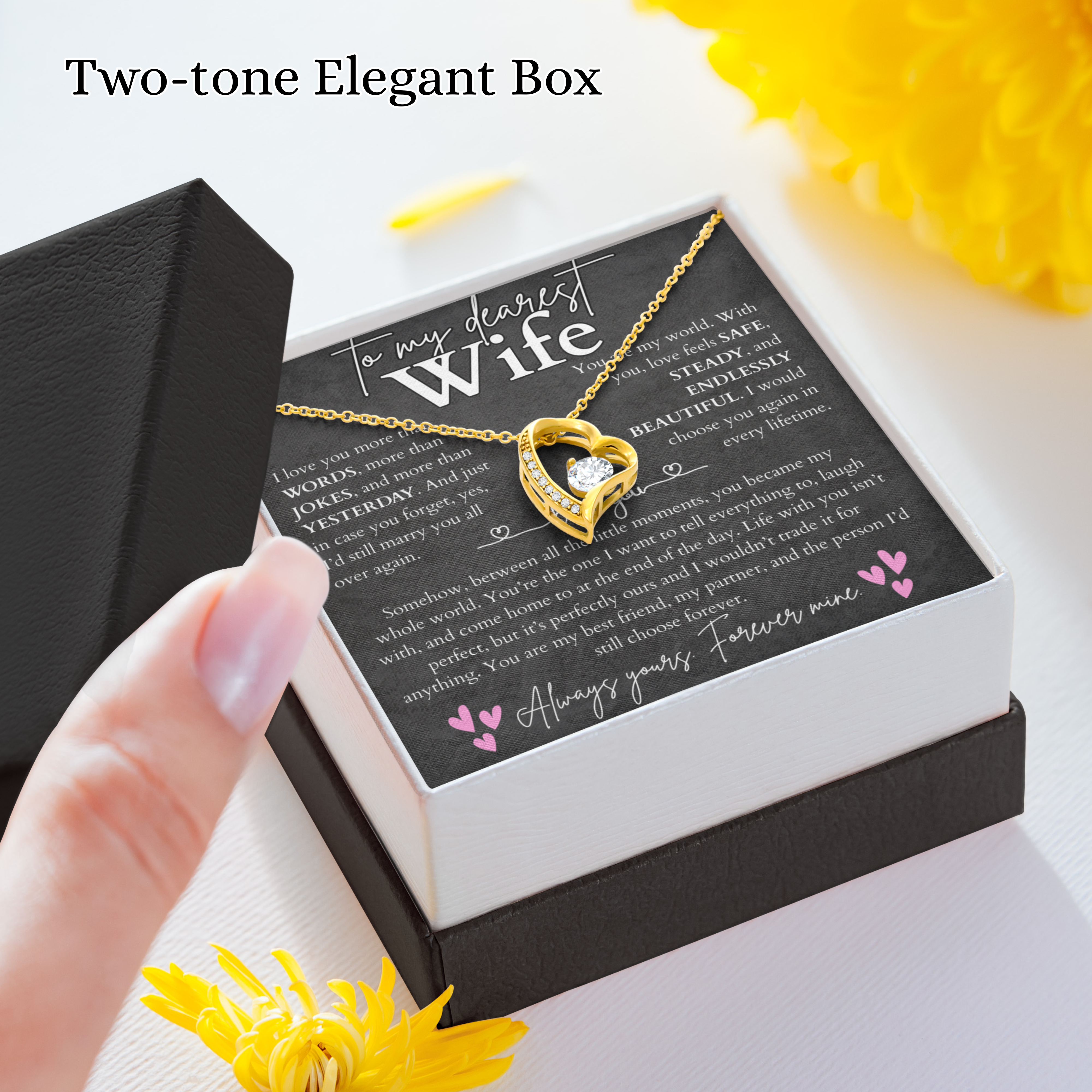 To my wife necklace from husband — heart pendant with CZ & message card, white or yellow gold