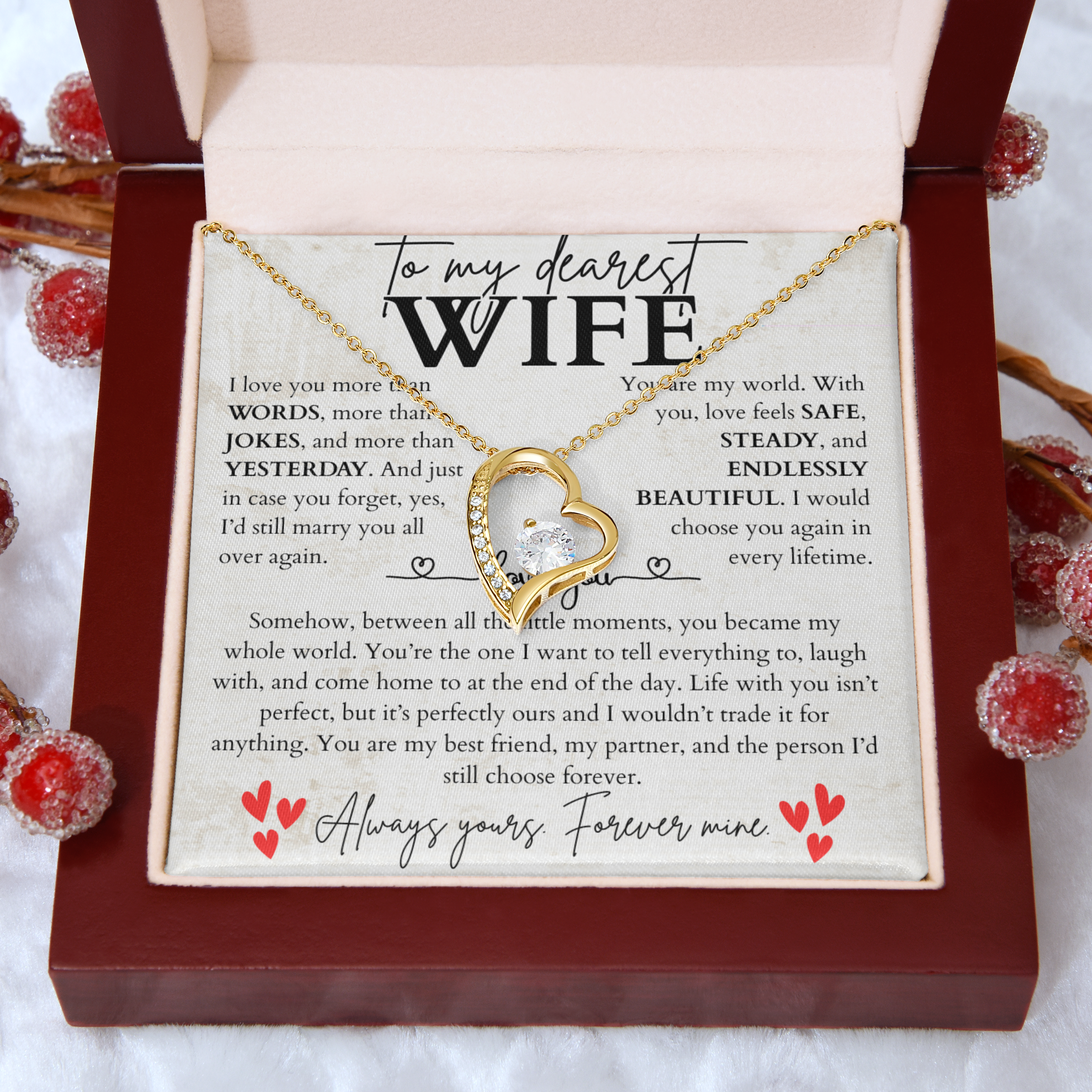 To my wife necklace from husband — heart pendant with CZ & message card, white or yellow gold