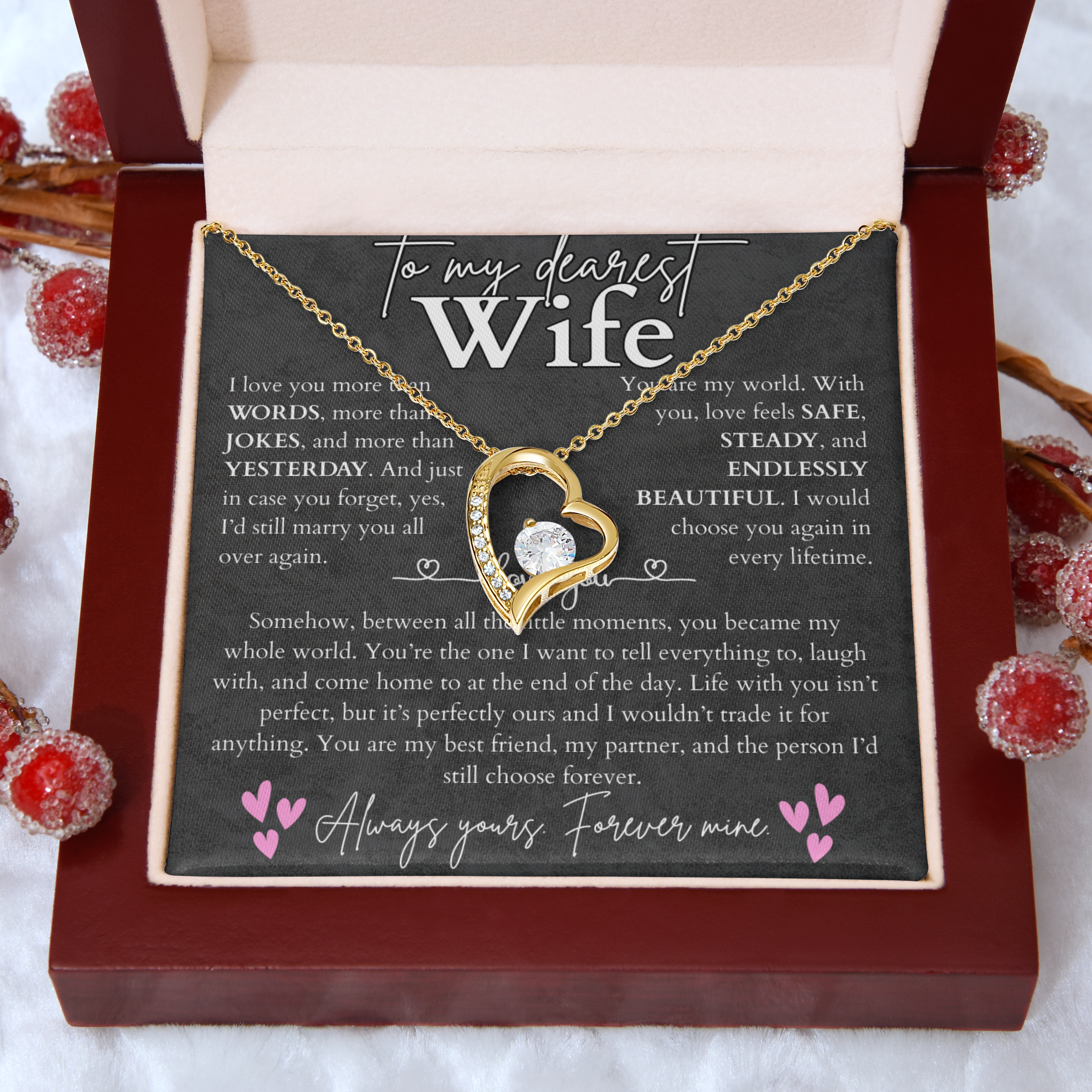 To my wife necklace from husband — heart pendant with CZ & message card, white or yellow gold