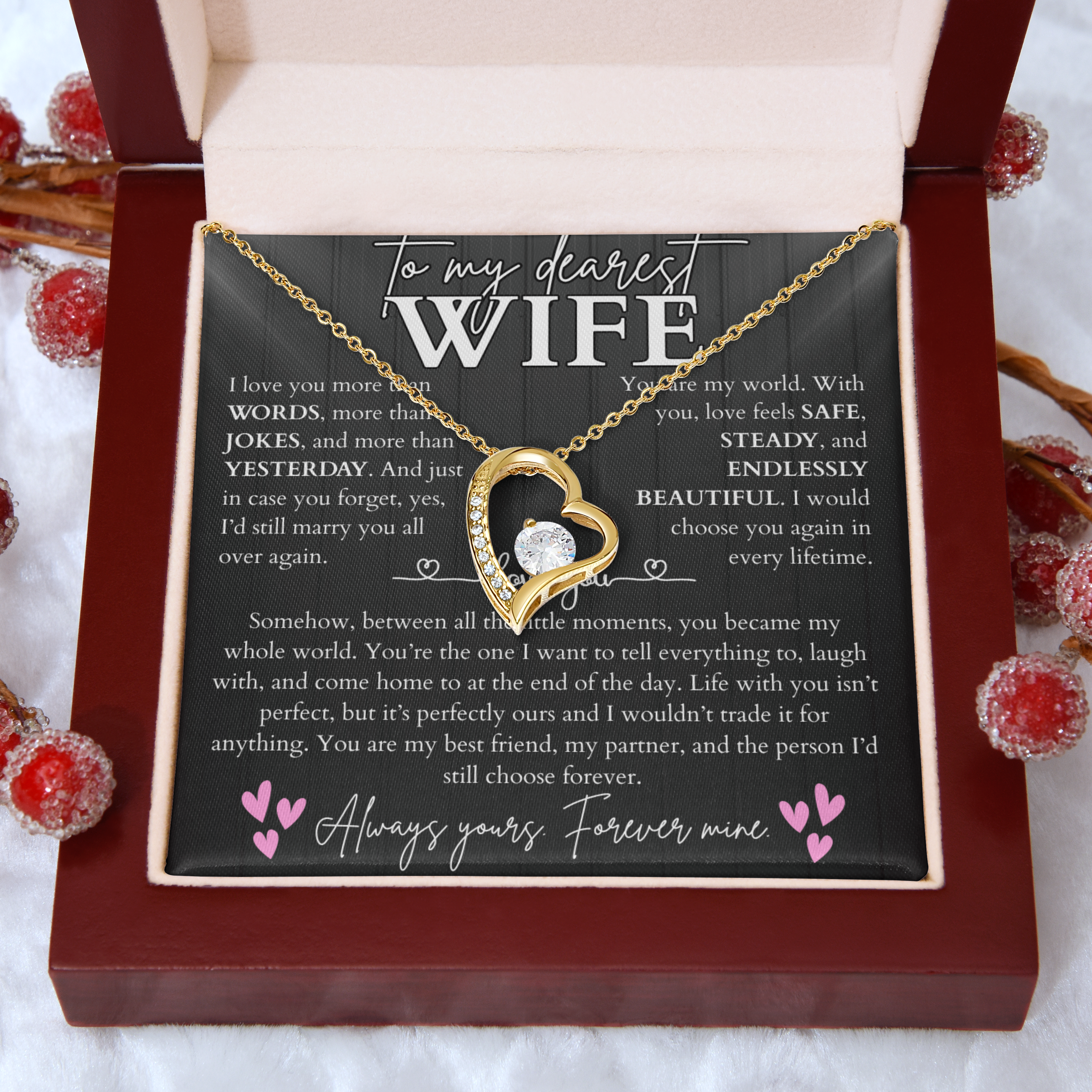 To my wife necklace from husband — heart pendant with CZ & message card, white or yellow gold