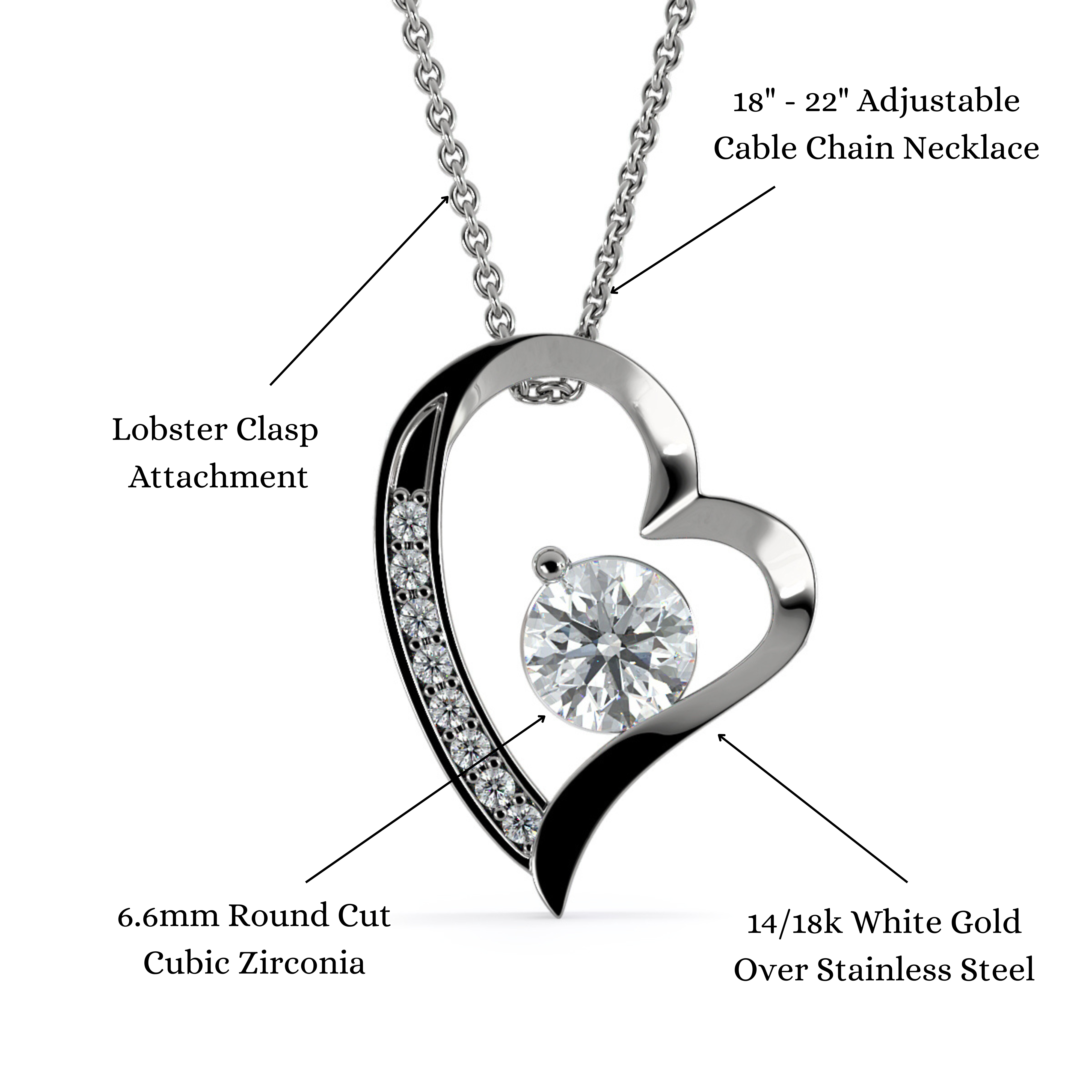 To my wife necklace from husband — heart pendant with CZ & message card, white or yellow gold
