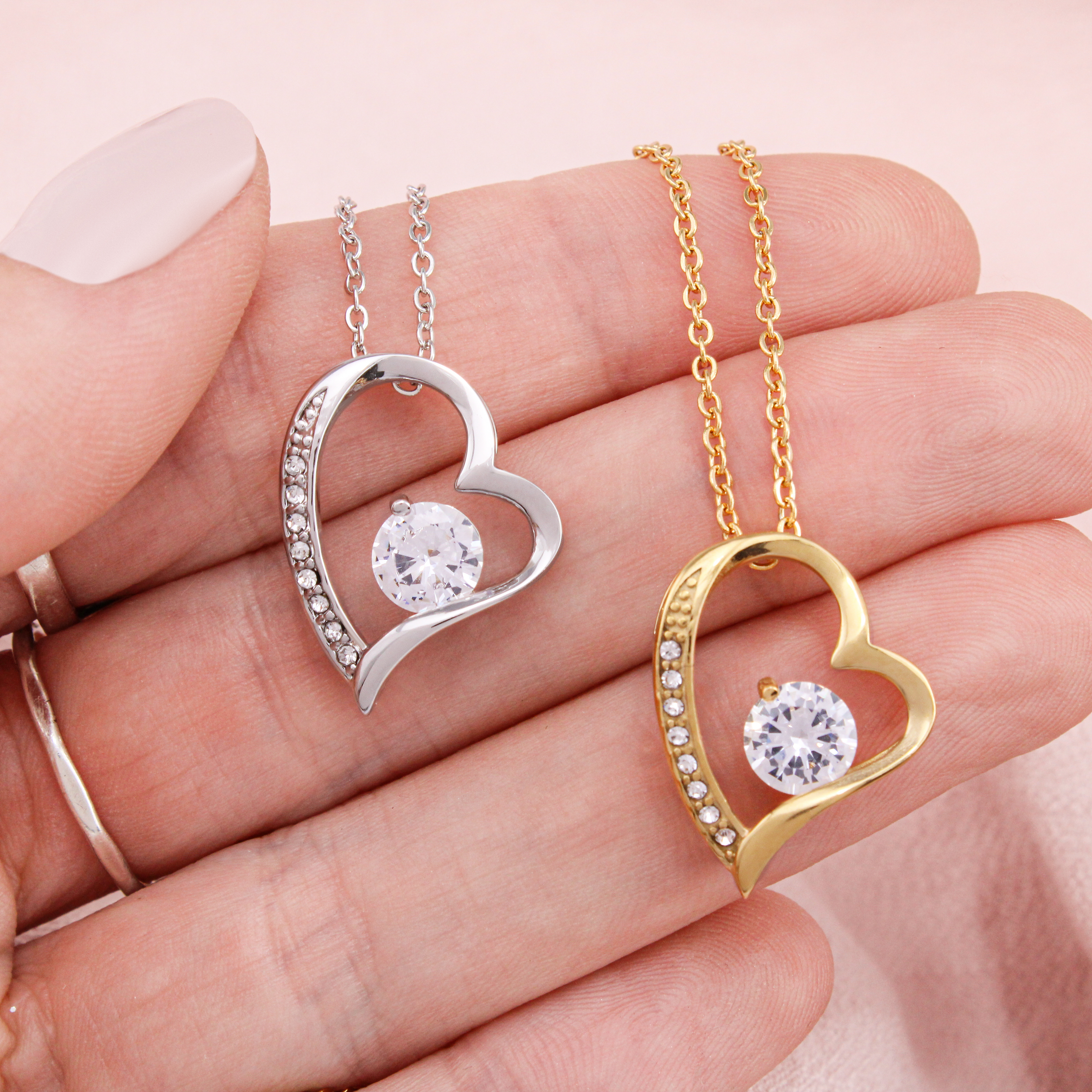 To my wife necklace from husband — heart pendant with CZ & message card, white or yellow gold
