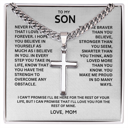 To My Son - Love Mom - Artisan Cross on Cuban Link Chain, Personalized