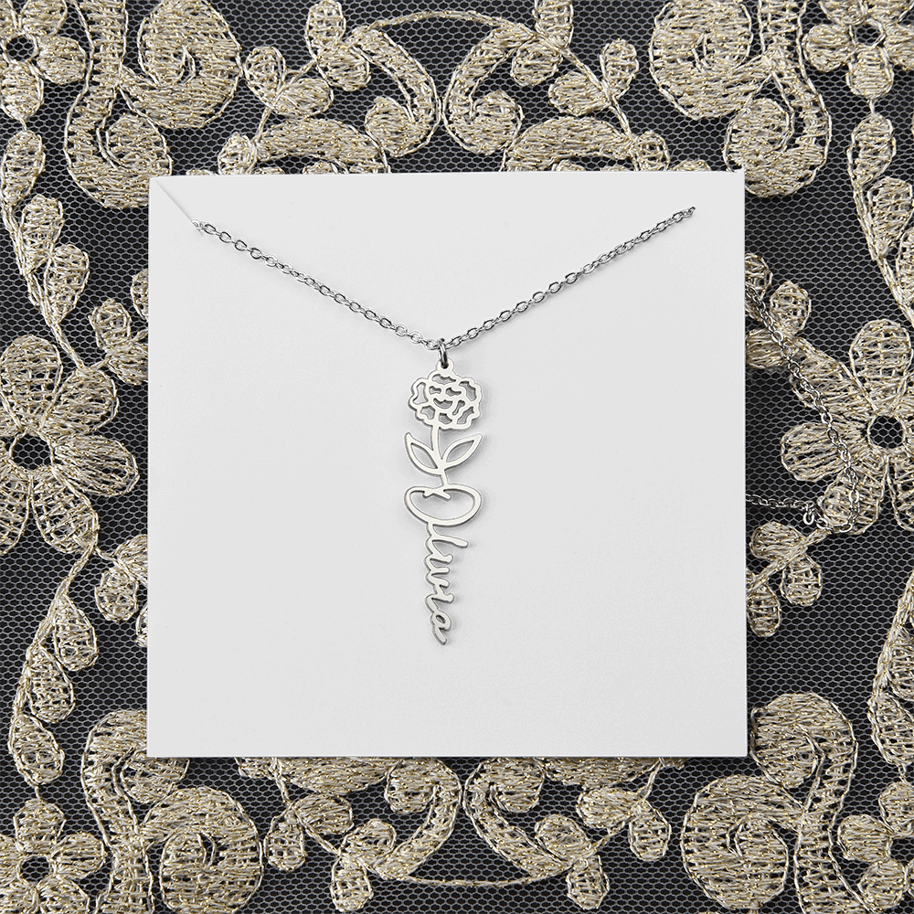 Birth Flower Name Necklace - Personalized Gold Name Necklace - Custom Floral Birthday Gift
