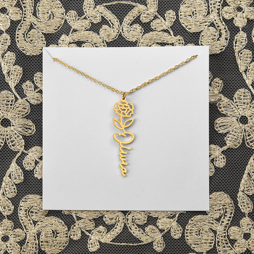 Birth Flower Name Necklace - Personalized Gold Name Necklace - Custom Floral Birthday Gift
