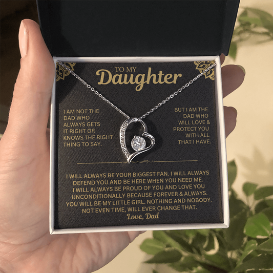 gift for daughter, dad to daughter gift, forever love necklace, father daughter jewelry, birthday gift for daughter, graduation gift, meaningful gift for daughter, heart necklace, white gold necklace, cubic zirconia necklace, sentimental gift, luxury jewelry gift, love dad necklace
