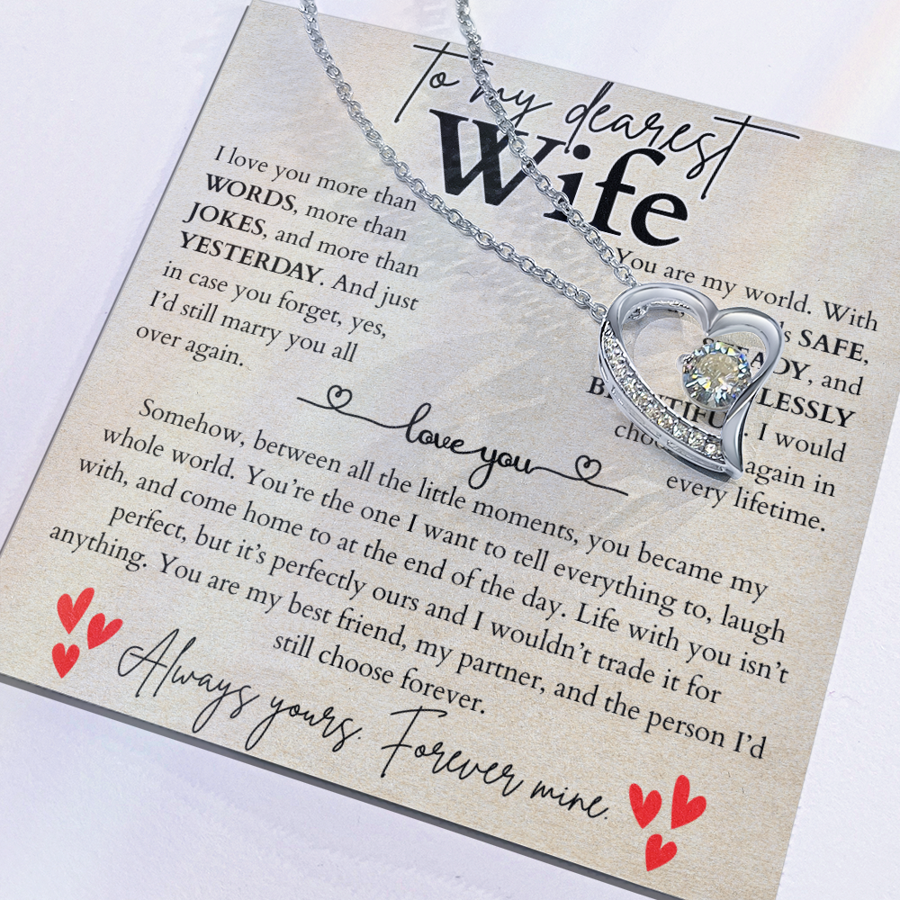 To my wife necklace from husband — heart pendant with CZ & message card, white or yellow gold